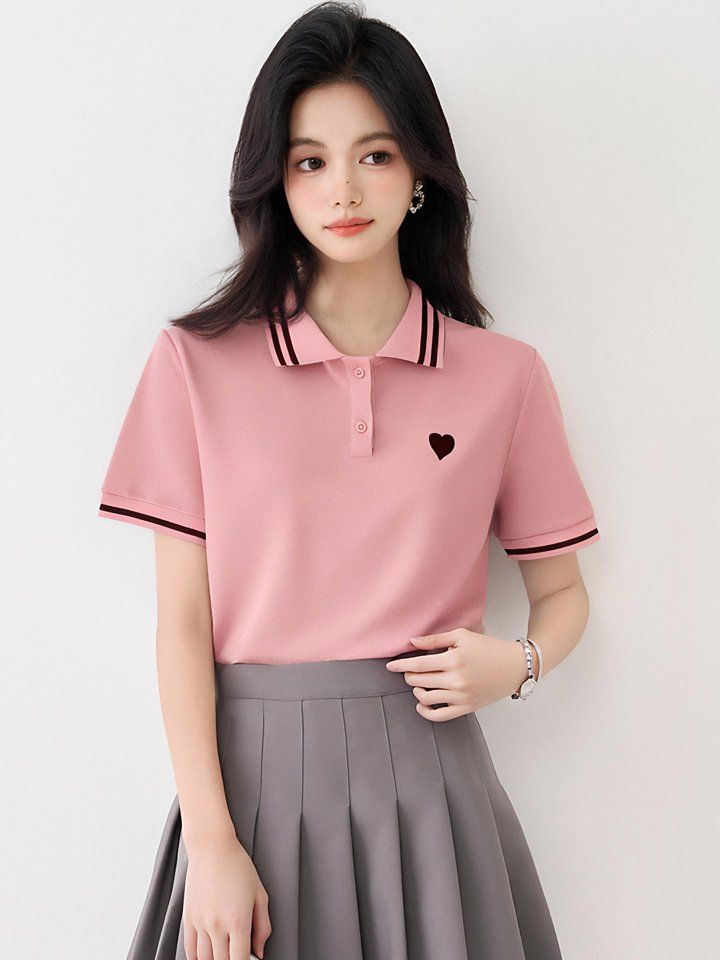 여성 봄 여름 폴로카라 반팔 티셔츠 2XL 배색라인 하트자수 출근룩 캐주얼 면티 - 상세 이미지 2
