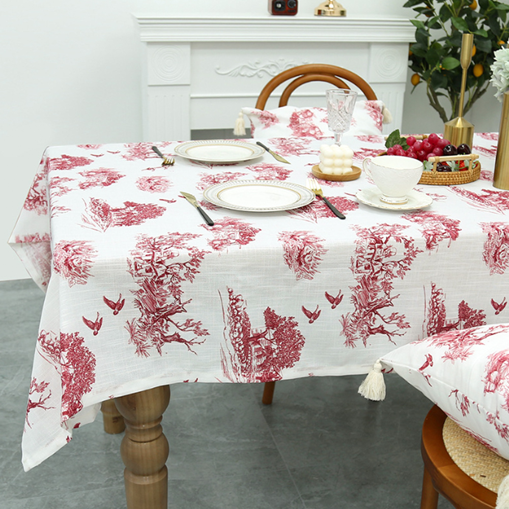 정원 풍경 린넨 식탁보 커버 (220x 140 cm) (레드) 테이블보 매트 방수 러너
