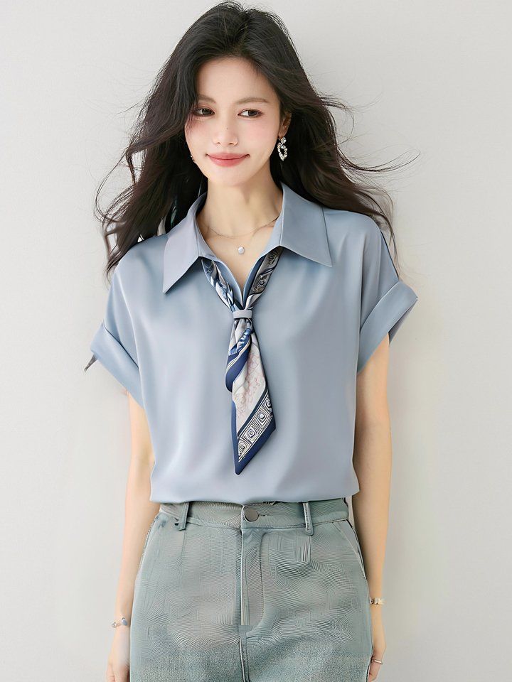 여성 봄 여름 폴로카라 롤업 반팔 블라우스 2XL 스카프 세트 출근룩 한국스타일 셔츠 - 상세 이미지 4