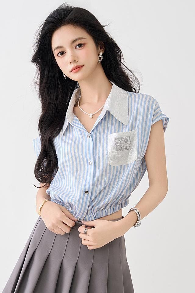 여성 봄 여름 스트라이프 반팔 카라 셔츠 2XL 하이웨스트 크롭 포켓 데일리 캐주얼룩 - 상세 이미지 5