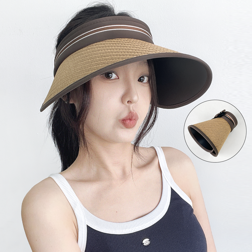 헤링본 챙넓은 돌돌이 썬캡 자외선차단 휴대용 여성 여름 밀짚 모자