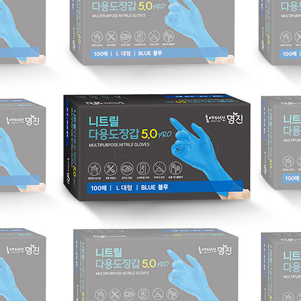 명진 두꺼운 니트릴장갑 100매 5.0 PRO 식품용 식품 위생 다용도 L(대형), 블루, 100개 - 메인 이미지