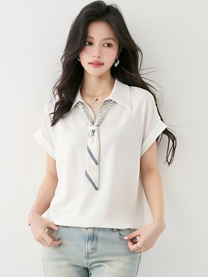 여성 봄 여름 폴로카라 롤업 반팔 블라우스 2XL 스카프 세트 출근룩 한국스타일 셔츠 - 상세 이미지 3