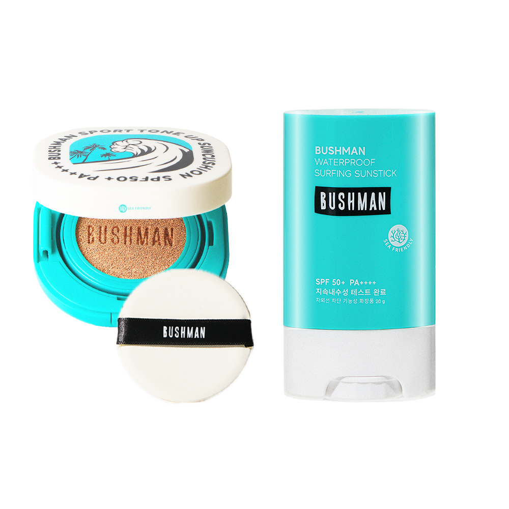 부쉬맨 스포츠 톤업 선쿠션 15g, 워터프루프 선스틱 20g, SPF50+ PA++++ 2종세트