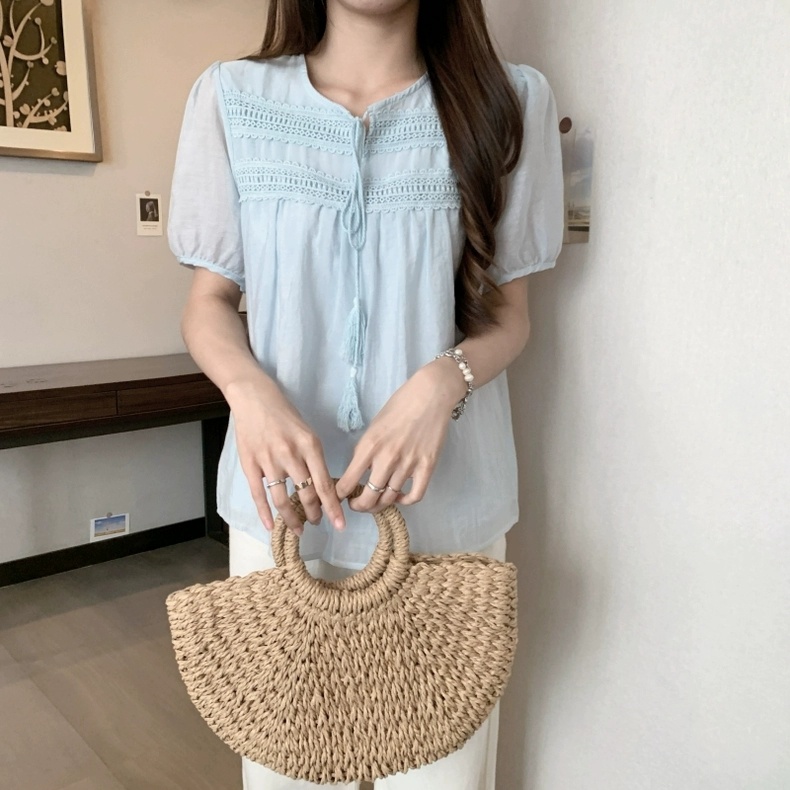 수술 아사코튼 여름반팔블라우스 캐쥬얼 시원한 펀칭블라우스 A라인 레이스소매 데일리룩 이미지 6