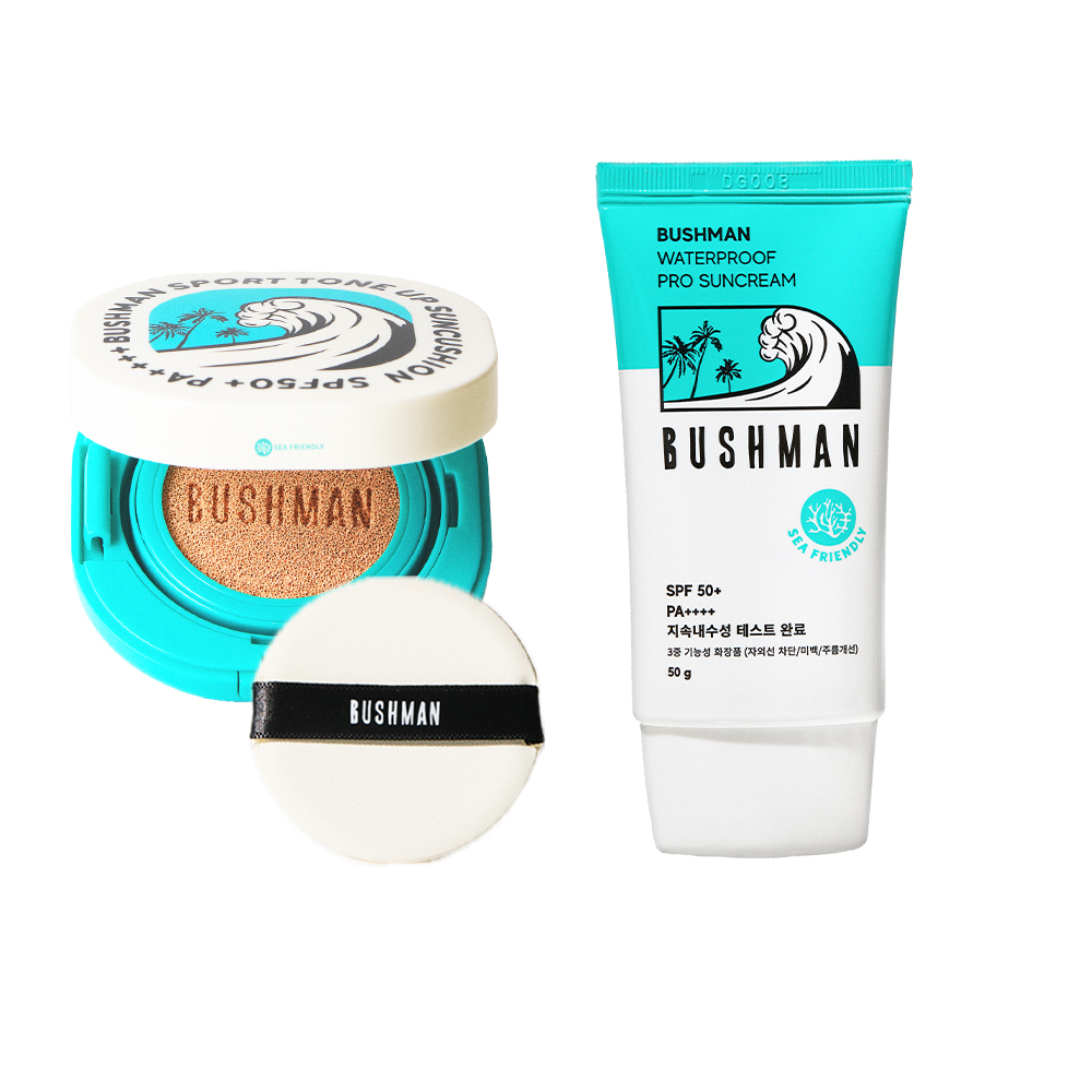 부쉬맨 스포츠 톤업 선쿠션 15g, 워터프루프 선크림 50g, SPF50+ PA++++ 2종세트