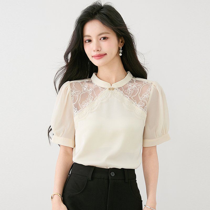 봄 여름 여성 스탠드카라 레이스 반팔 블라우스 퍼프소매 단정한 페미닌 오피스룩 - 상세 이미지 2