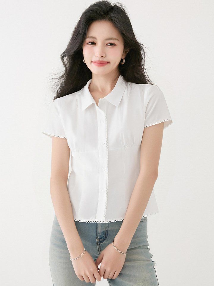 여성 봄 여름 슬림핏 크롭 반팔 카라 셔츠 물결라인 데일리룩 출근룩 OL스타일 - 상세 이미지 2