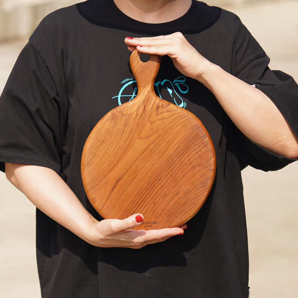 나다움 티크 우드 나무 도마 업소용 원목 이유식 빵 35x25cm, 손잡이 원형