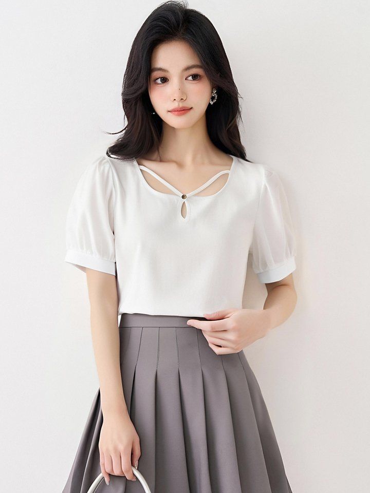 봄 여름 여성 스퀘어넥 퍼프소매 스트랩 앞트임 블라우스 데일리룩 캐주얼 기본 - 상세 이미지 4