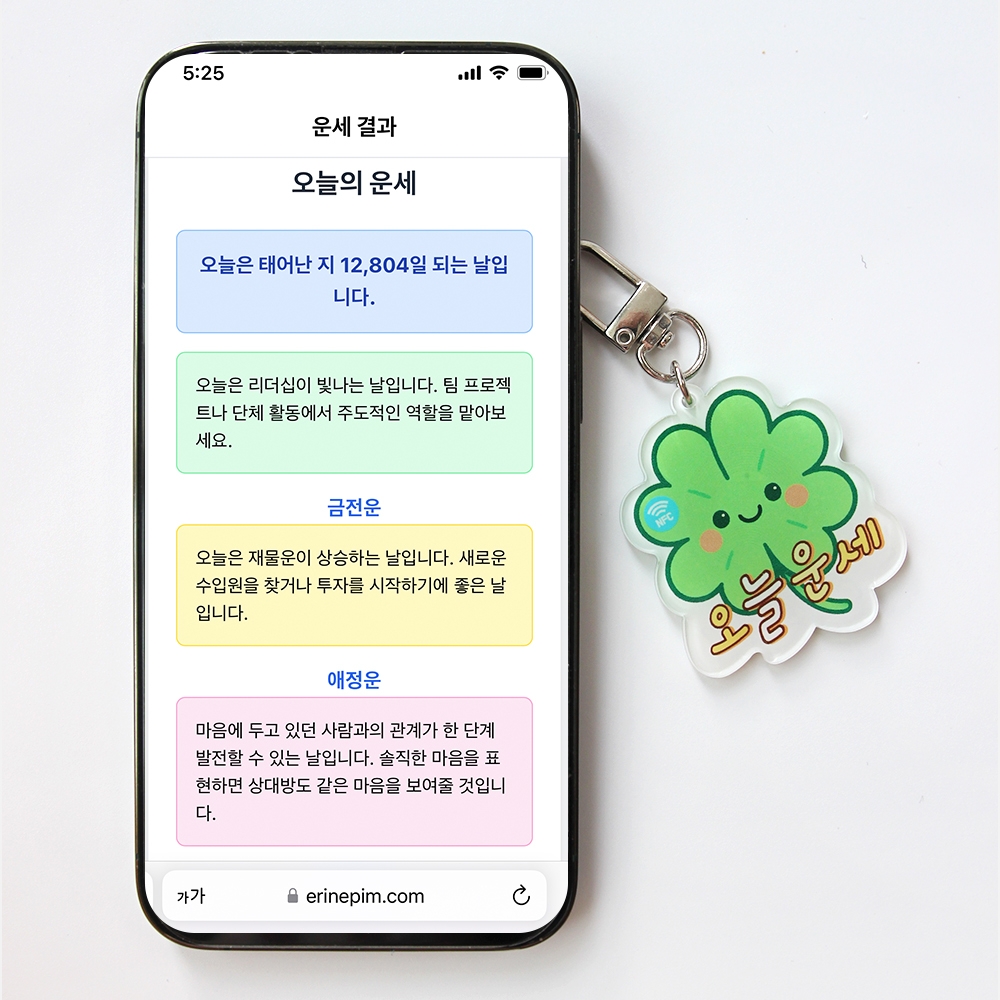 오늘의 운세 NFC 키링 4종 점심메뉴 수능 디데이 코인 시세 행운 부적 비트코인 태그 - 상품 이미지