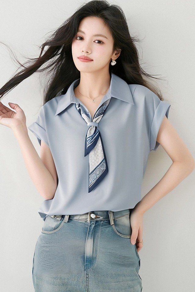 여성 봄 여름 폴로카라 롤업 반팔 블라우스 2XL 스카프 세트 출근룩 한국스타일 셔츠 - 상세 이미지 5