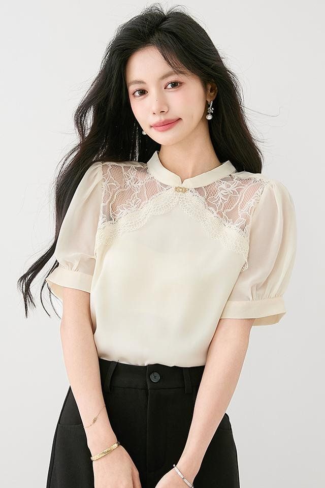 봄 여름 여성 스탠드카라 레이스 반팔 블라우스 퍼프소매 단정한 페미닌 오피스룩 - 상세 이미지 5