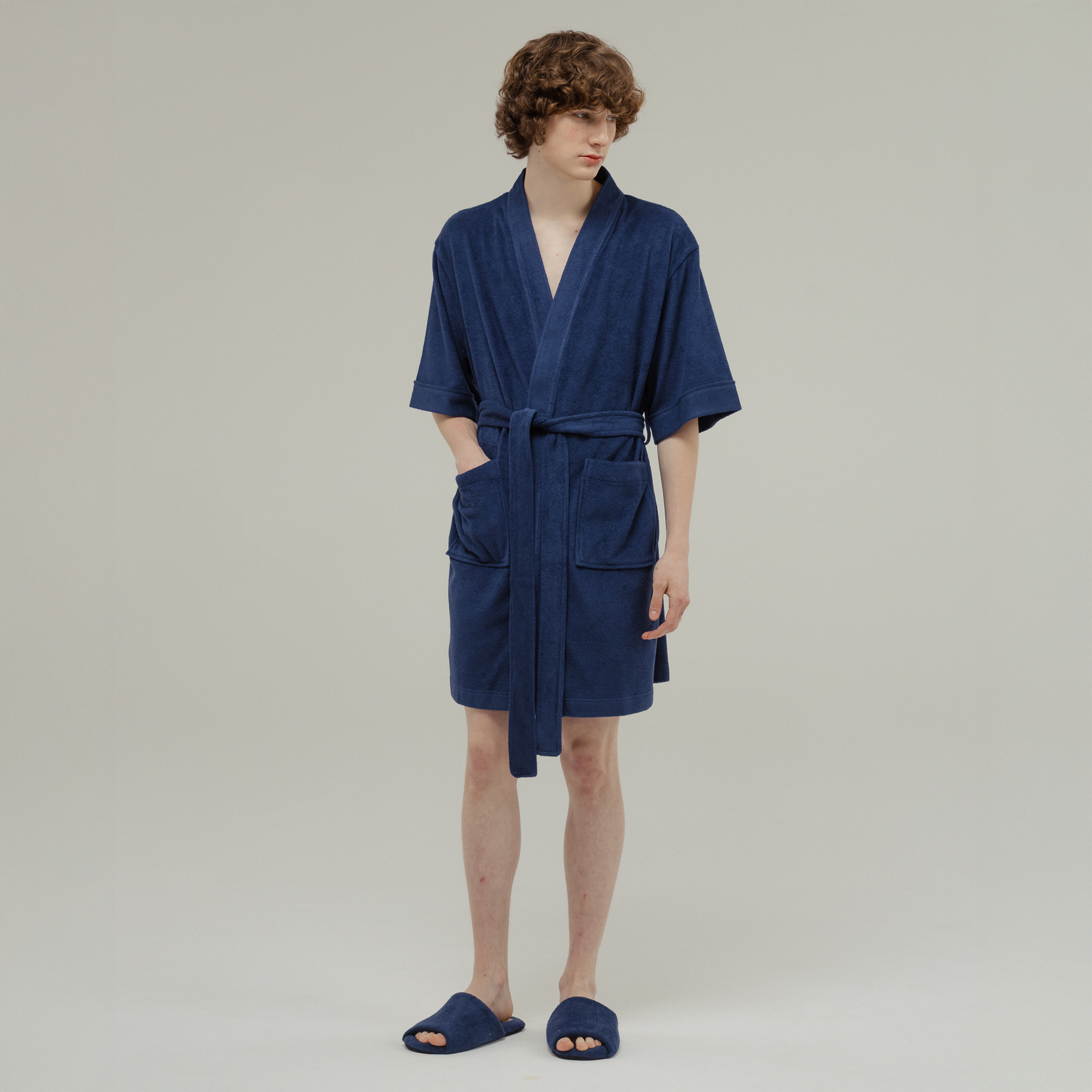 [헤이데이무드 HDM] 여성 호텔 샤워가운 비키니커버업 테리모달 숏 로브 네이비