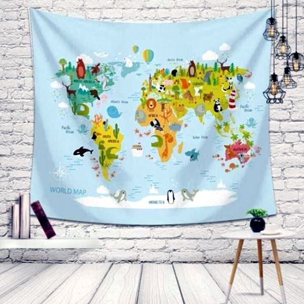 가림막 동물 월드맵 소- 100X 70 cm 패브릭 포스터 데코 인테리어