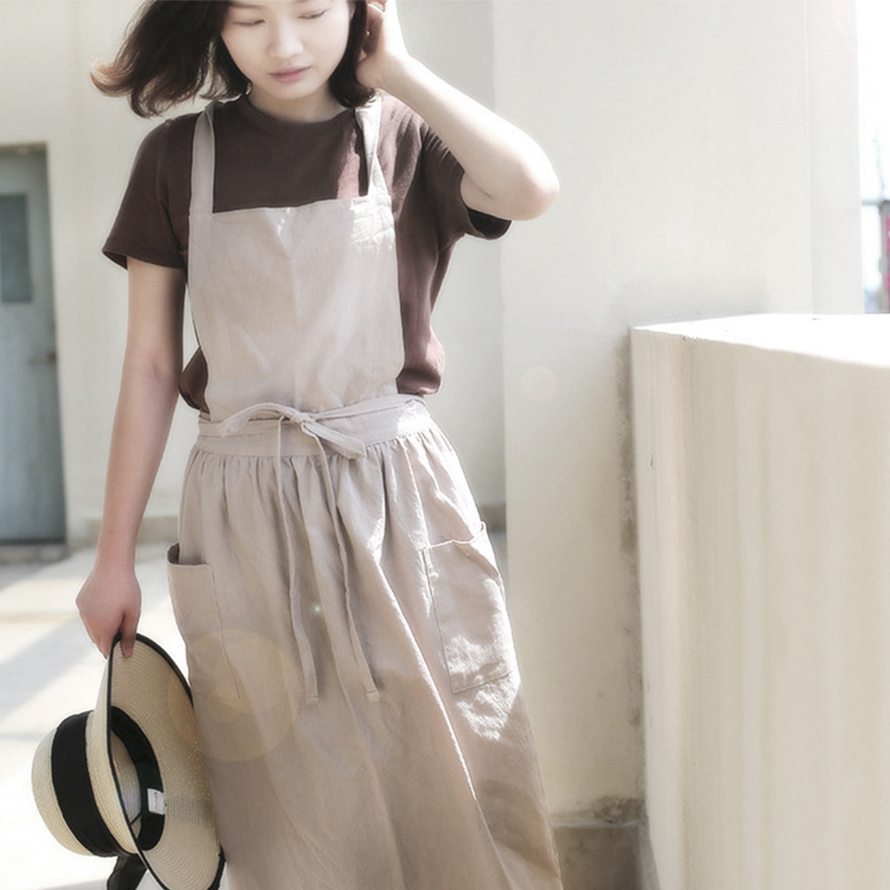 하이디 린넨 원피스 롱앞치마 카페 베이지) 공방 바리스타 패브릭 어깨 서스펜더 주방