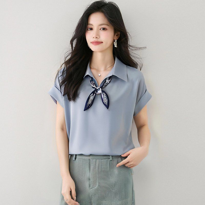 여성 봄 여름 폴로카라 롤업 반팔 블라우스 2XL 스카프 세트 출근룩 한국스타일 셔츠 - 메인 이미지