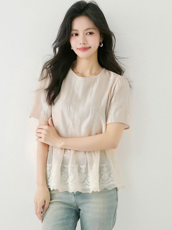 여성 봄 여름 라운드넥 반팔 레이스 쉬폰 블라우스 2XL 페미닌룩 데일리룩 데이트룩 - 상세 이미지 4
