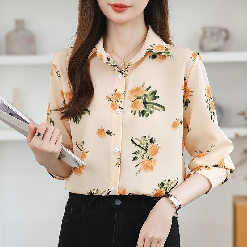 여성 봄 가을 루즈핏 플라워 긴팔 카라 셔츠 XL 출근룩 오피스룩 쉬폰 블라우스 고급 - 상품 이미지