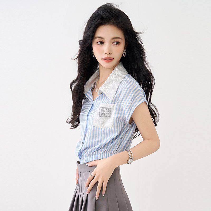 여성 봄 여름 스트라이프 반팔 카라 셔츠 2XL 하이웨스트 크롭 포켓 데일리 캐주얼룩 - 상세 이미지 2