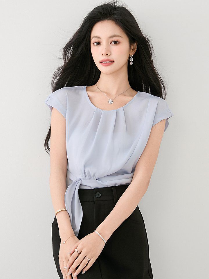 여성 봄 여름 라운드넥 민소매 핀턱 랩스타일 블라우스 2XL 슬림핏 데일리룩 출근룩 - 상세 이미지 5