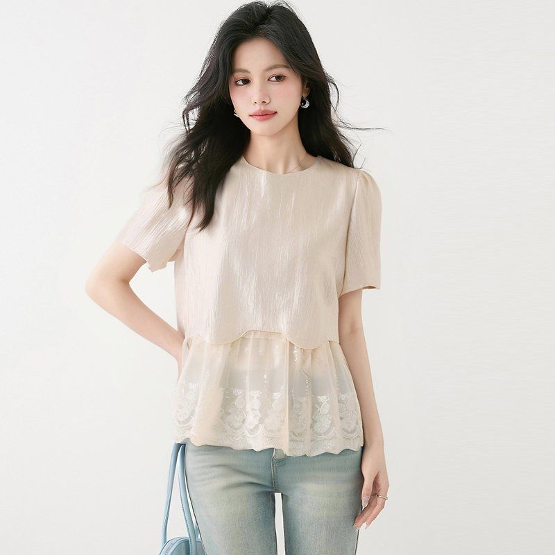 여성 봄 여름 라운드넥 반팔 레이스 쉬폰 블라우스 2XL 페미닌룩 데일리룩 데이트룩 - 상품 이미지