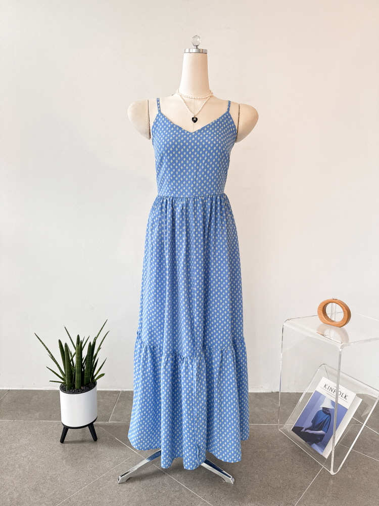 쉬폰 잔꽃 플라워 도트 스모크 뷔스티에 롱 원피스