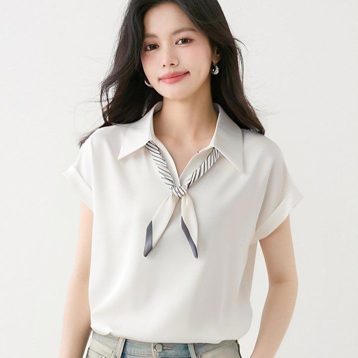 여성 봄 여름 폴로카라 롤업 반팔 블라우스 2XL 스카프 세트 출근룩 한국스타일 셔츠 - 상세 이미지 2