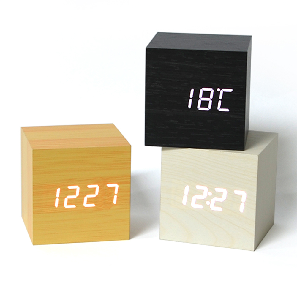 LED 탁상시계 우드 큐브 전자시계 인테리어