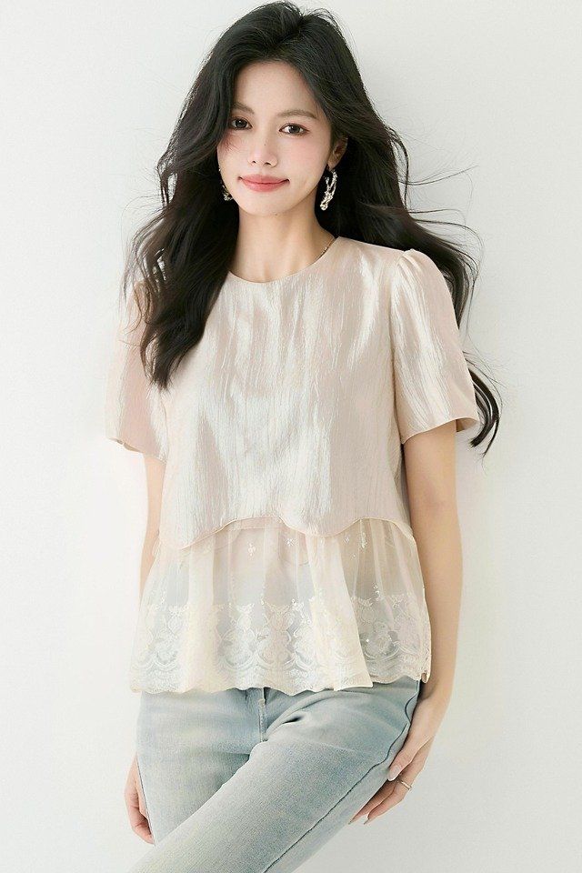 여성 봄 여름 라운드넥 반팔 레이스 쉬폰 블라우스 2XL 페미닌룩 데일리룩 데이트룩 - 상세 이미지 5