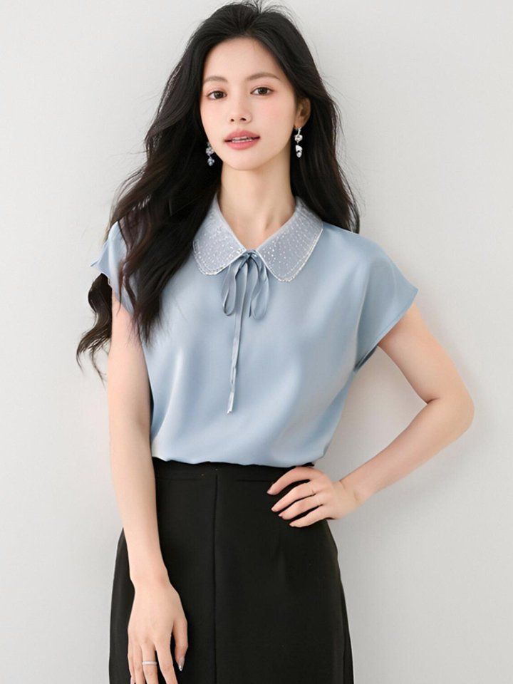 여성 봄 여름 피터팬카라 리본 스트랩 반팔 블라우스 단정한 기본 데일리 오피스룩 - 상세 이미지 2