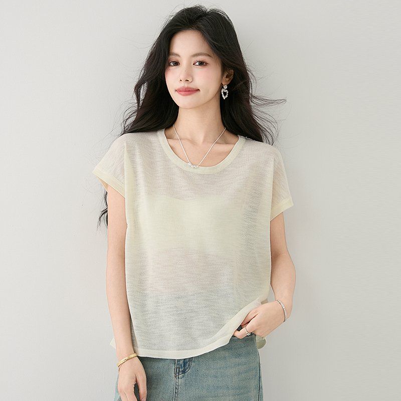 여성 봄 여름 루즈핏 라운드넥 반팔 니트 2XL 뒷면 레이스 시스루 데일리룩 얇은 티셔츠 - 상품 이미지