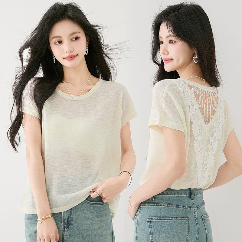 여성 봄 여름 루즈핏 라운드넥 반팔 니트 2XL 뒷면 레이스 시스루 데일리룩 얇은 티셔츠 - 상세 이미지 2