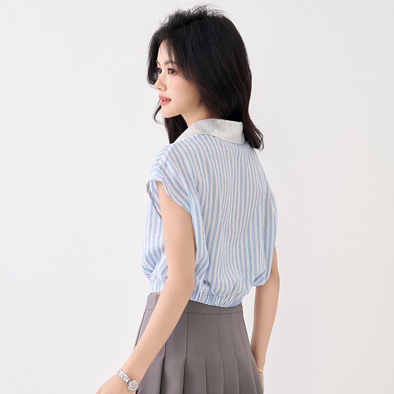 여성 봄 여름 스트라이프 반팔 카라 셔츠 2XL 하이웨스트 크롭 포켓 데일리 캐주얼룩 - 상세 이미지 4