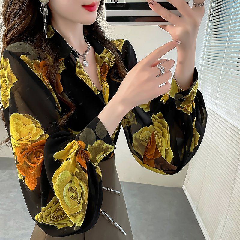 여성 봄 가을 루즈핏 플라워 긴팔 카라 셔츠 XL 시스루 블라우스 데일리룩 로맨틱룩 - 상품 이미지
