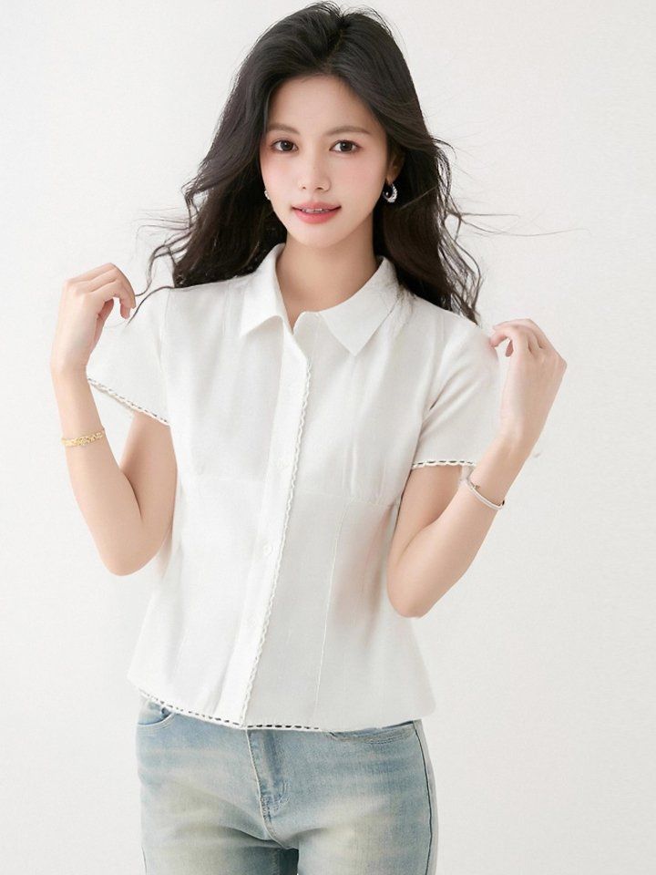 여성 봄 여름 슬림핏 크롭 반팔 카라 셔츠 물결라인 데일리룩 출근룩 OL스타일 - 상세 이미지 3