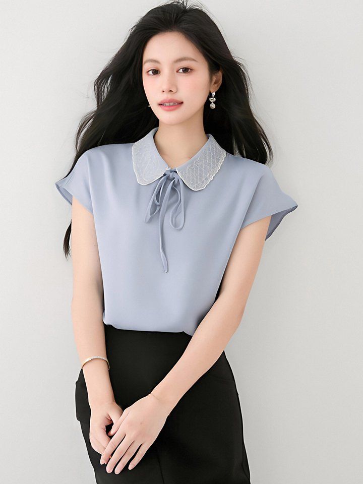여성 봄 여름 피터팬카라 리본 스트랩 반팔 블라우스 단정한 기본 데일리 오피스룩 - 상세 이미지 3