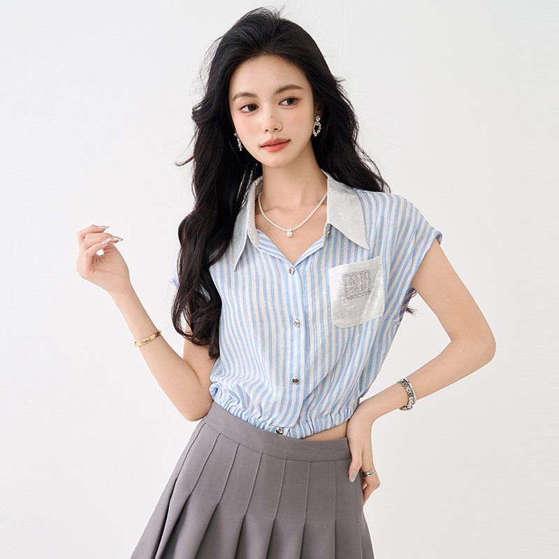 여성 봄 여름 스트라이프 반팔 카라 셔츠 2XL 하이웨스트 크롭 포켓 데일리 캐주얼룩 - 상세 이미지 3