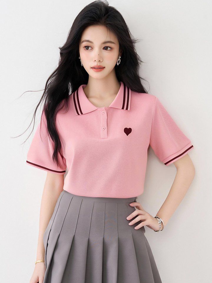 여성 봄 여름 폴로카라 반팔 티셔츠 2XL 배색라인 하트자수 출근룩 캐주얼 면티 - 상세 이미지 4
