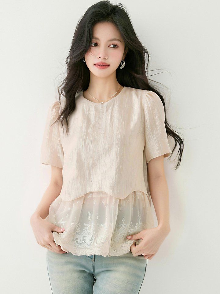 여성 봄 여름 라운드넥 반팔 레이스 쉬폰 블라우스 2XL 페미닌룩 데일리룩 데이트룩 - 상세 이미지 2