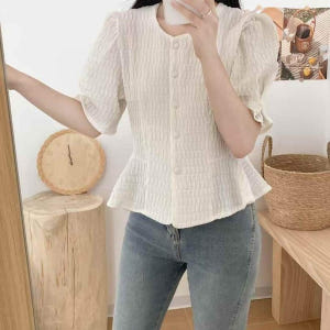 사방스판 퍼프소매 셔링반팔블라우스 프릴 허리슬림핏숏자켓대용 하단플레어블라... 착용 후기 | 사이즈/핏 총정리 - 상품 이미지 3