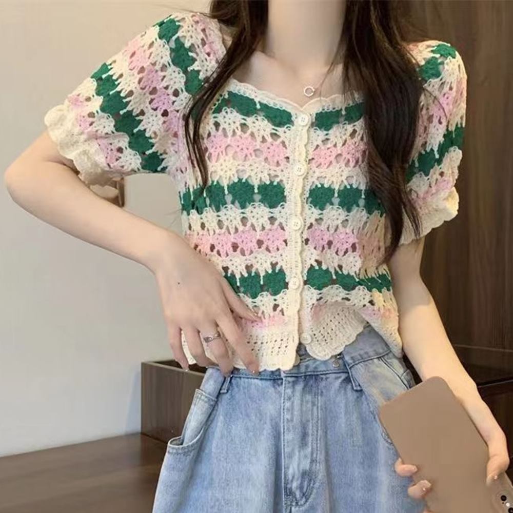 뜨개 가디건 스퀘어넥 크롭 크로셰 여름 반팔 니트