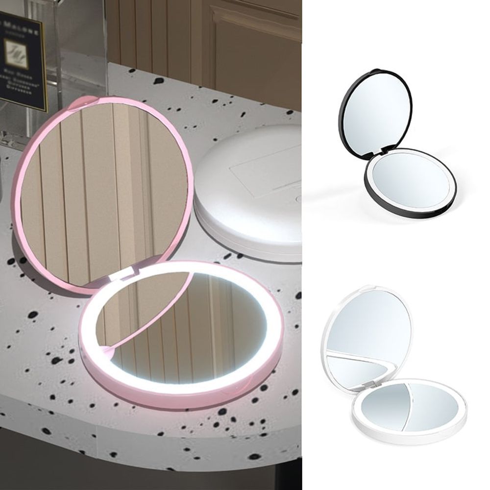 LED 화장 휴대 거울 메이크업 미니 접이식 양면 확대 - 상품 이미지