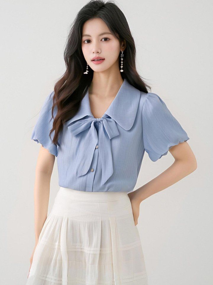 여성 봄 여름 와이드카라 리본타이 퍼프 반팔 블라우스 데일리룩 페미닌룩 요루셔츠 - 상세 이미지 2