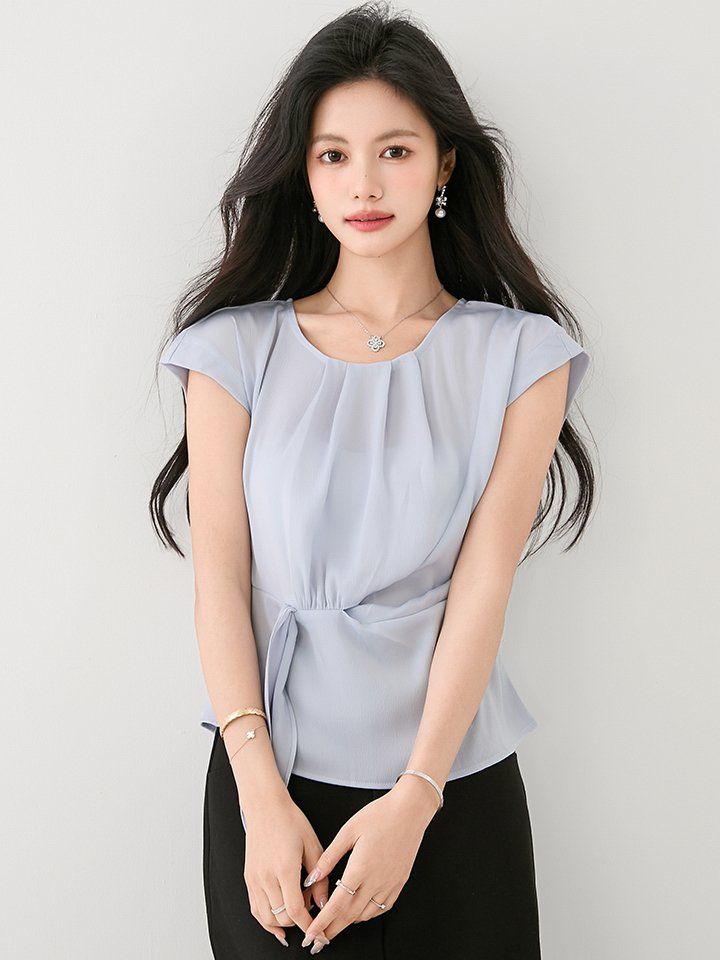 여성 봄 여름 라운드넥 민소매 핀턱 랩스타일 블라우스 2XL 슬림핏 데일리룩 출근룩 - 상세 이미지 3