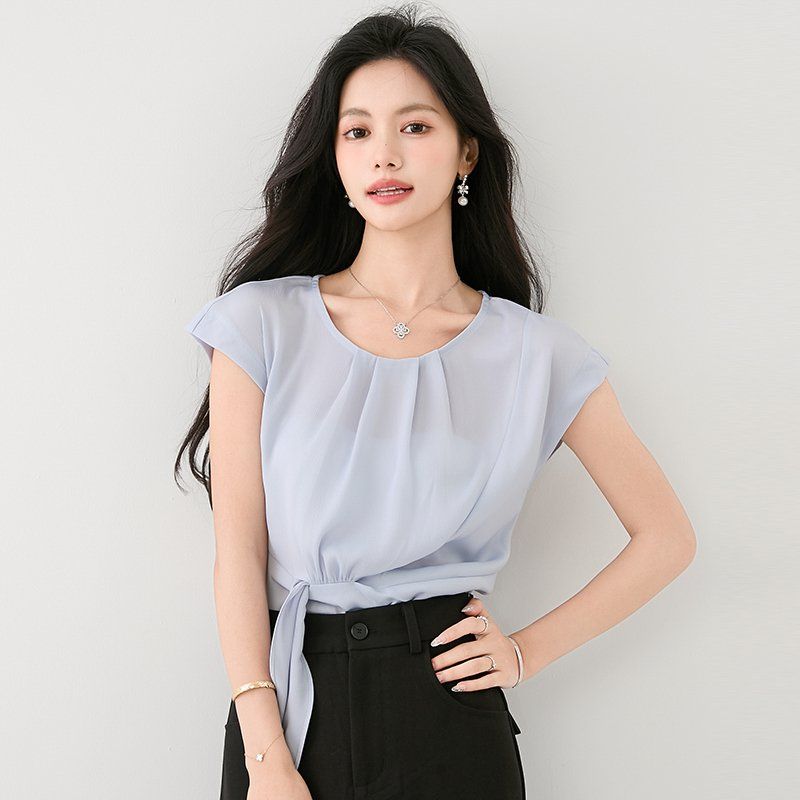 여성 봄 여름 라운드넥 민소매 핀턱 랩스타일 블라우스 2XL 슬림핏 데일리룩 출근룩 - 상품 이미지