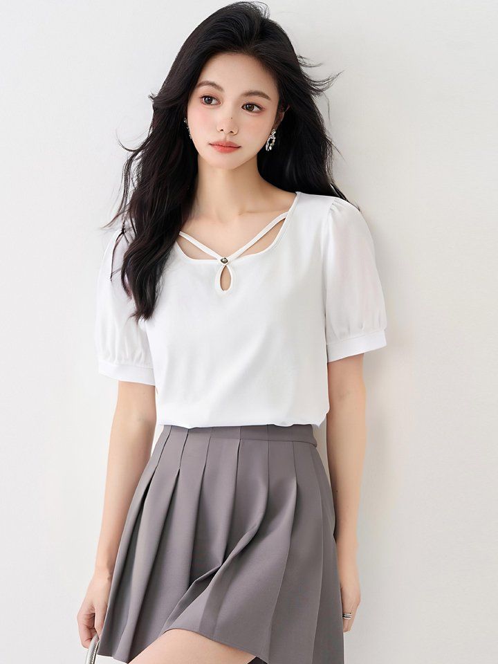 봄 여름 여성 스퀘어넥 퍼프소매 스트랩 앞트임 블라우스 데일리룩 캐주얼 기본 - 상세 이미지 5