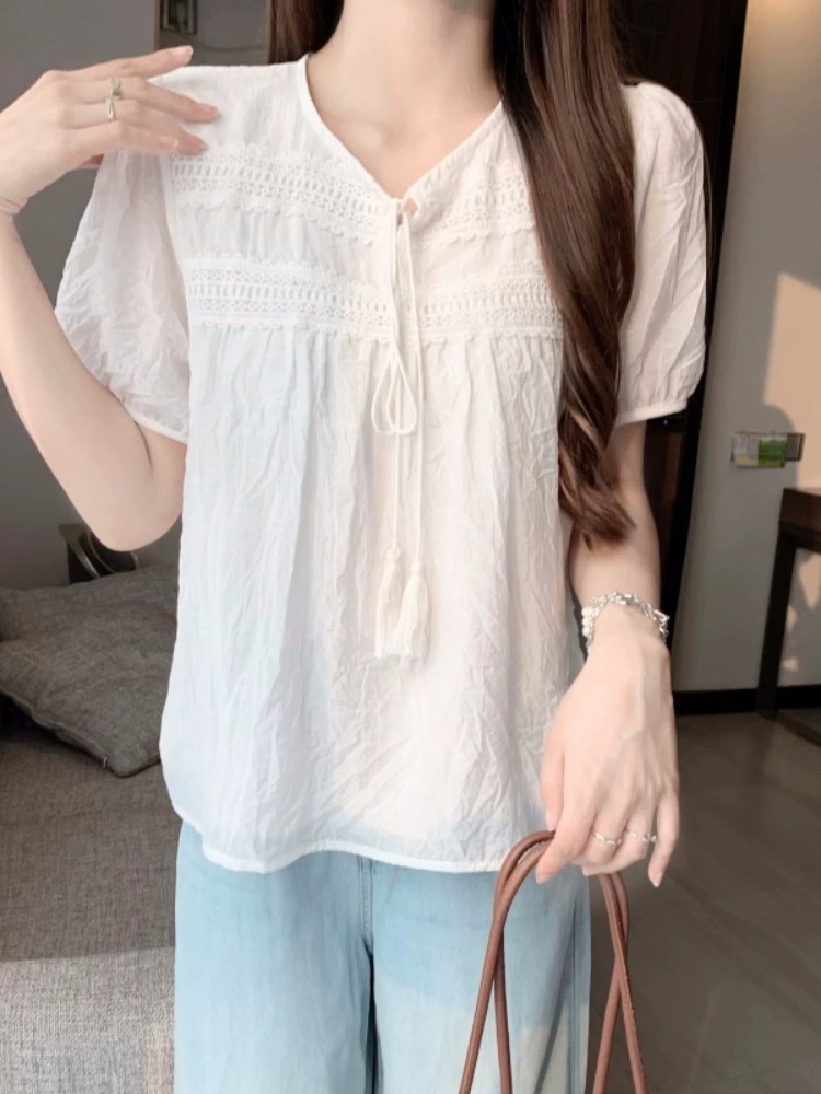 수술 아사코튼 여름반팔블라우스 캐쥬얼 시원한 펀칭블라우스 A라인 레이스소매 데일리룩 이미지 8