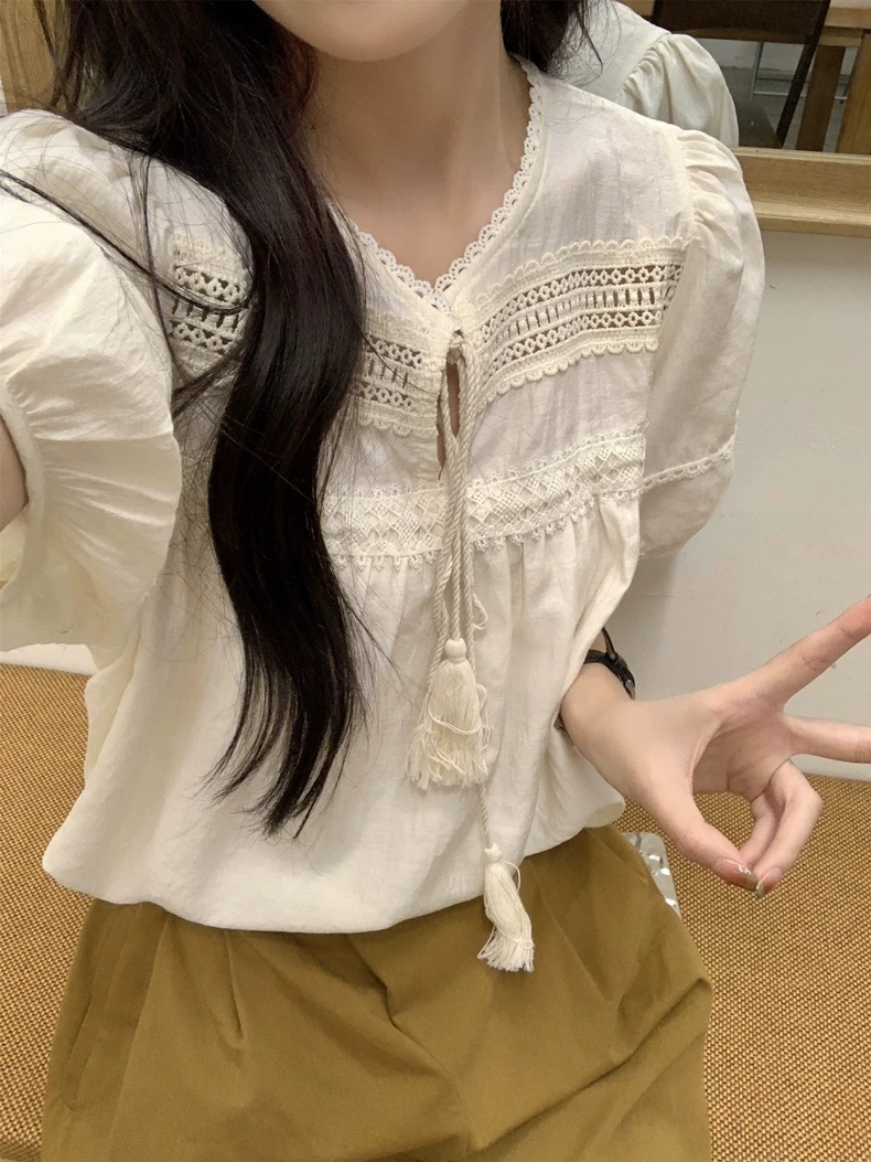 수술 아사코튼 여름반팔블라우스 캐쥬얼 시원한 펀칭블라우스 A라인 레이스소매 데일리룩 - 상세 이미지 2