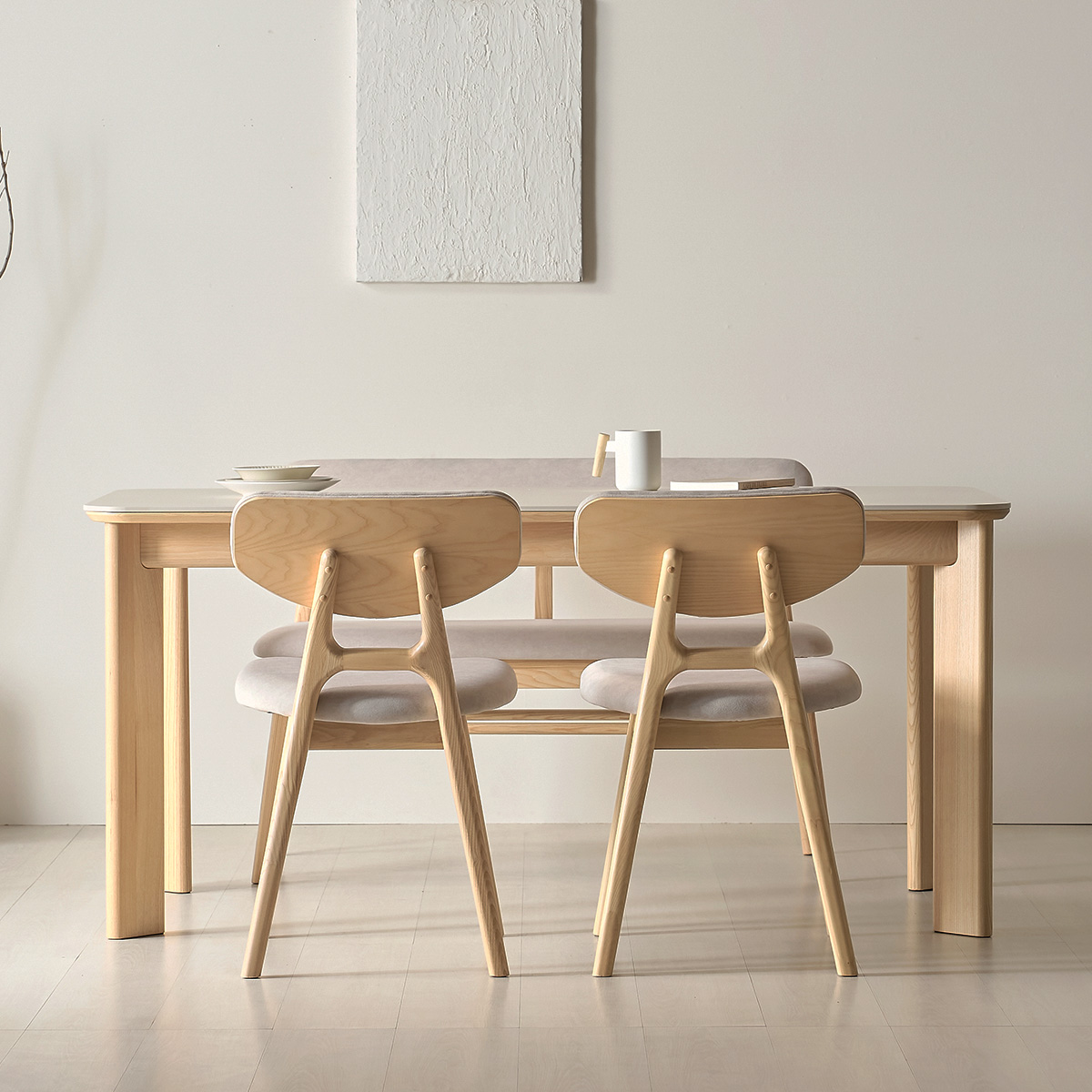 모모드 아이노 애쉬 원목 포세린 식탁세트 내츄럴 테이블1+벤치1+의자2, 1400mm, 시리어스 세라믹 - 상품 이미지